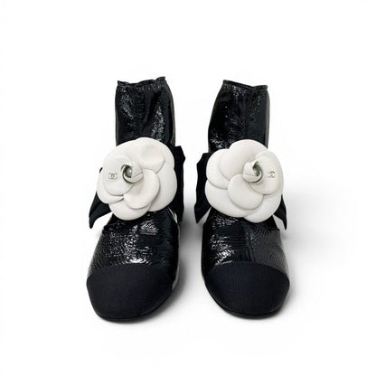 Chanel Boots Short Shoes Patent Fabric Black White Camellia Ribbon CC Logo — view 2