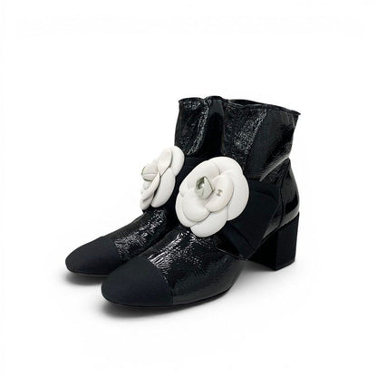 Chanel Boots Short Shoes Patent Fabric Black White Camellia Ribbon CC Logo