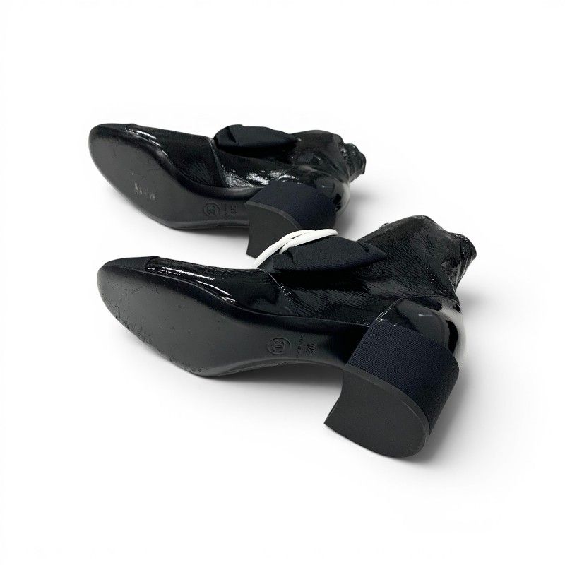 Chanel Boots Short Shoes Patent Fabric Black White Camellia Ribbon CC Logo — view 6