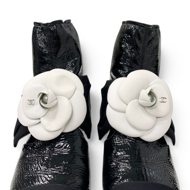 Chanel Boots Short Shoes Patent Fabric Black White Camellia Ribbon CC Logo — view 9