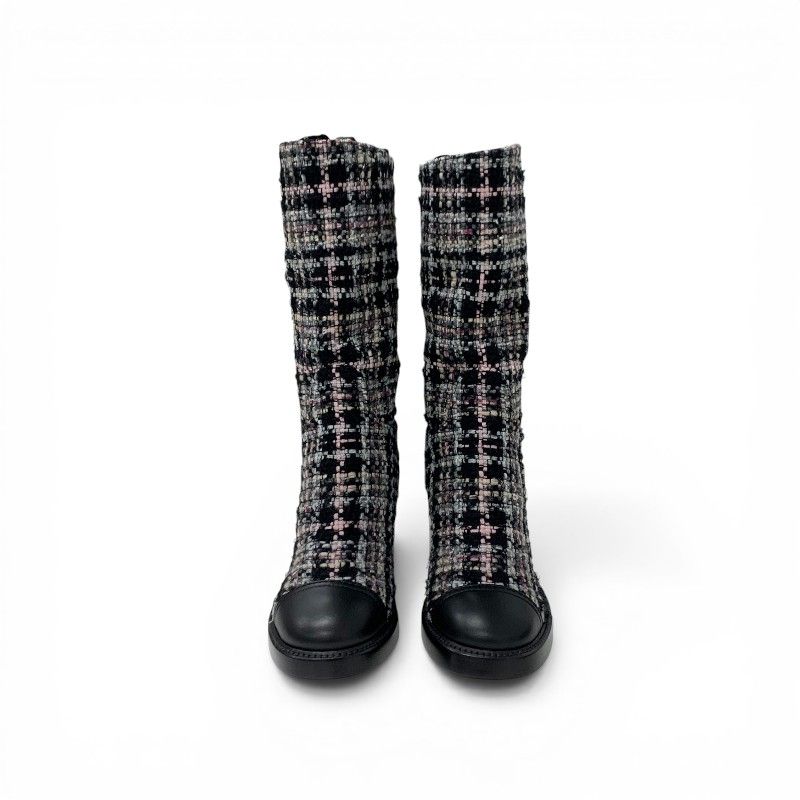 Chanel Boots Long Shoes Tweed Leather Black Multicolor CC Logo — view 2