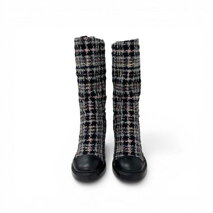 Chanel Boots Long Shoes Tweed Leather Black Multicolor CC Logo — view 2
