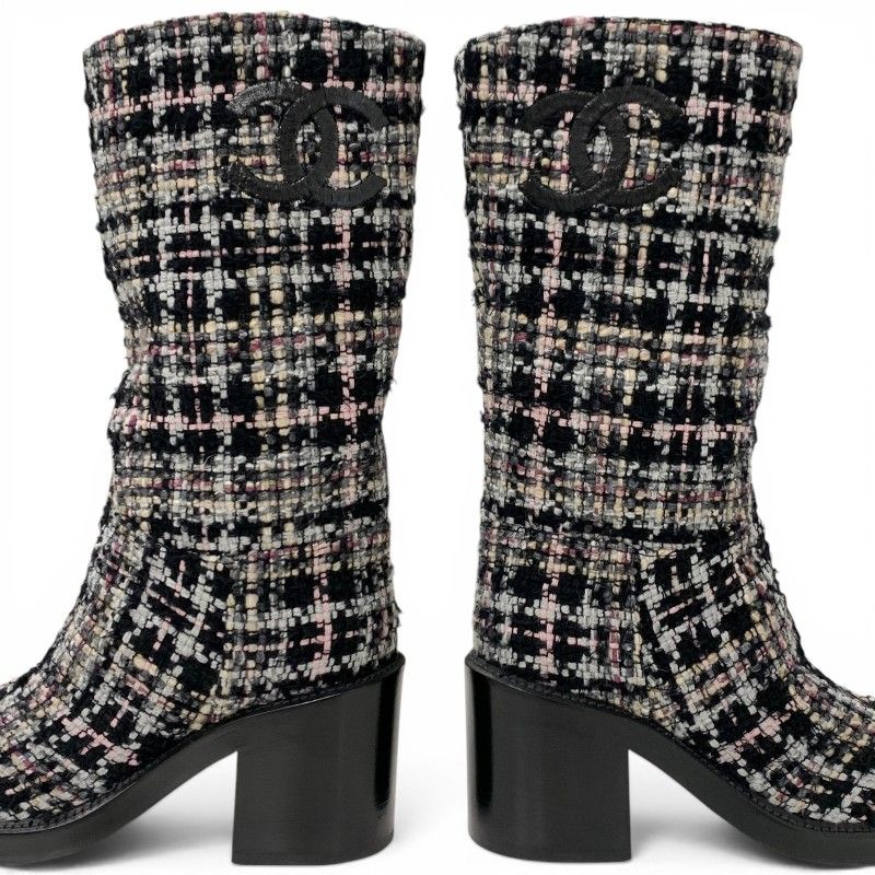 Chanel Boots Long Shoes Tweed Leather Black Multicolor CC Logo — view 8