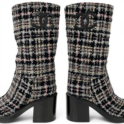 Chanel Boots Long Shoes Tweed Leather Black Multicolor CC Logo — view 8