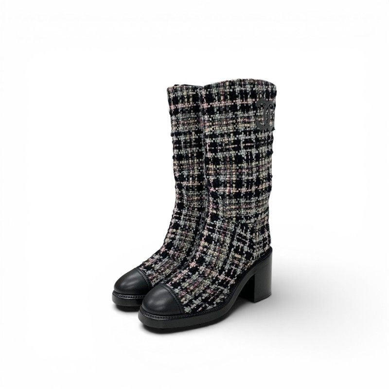 Chanel Boots Long Shoes Tweed Leather Black Multicolor CC Logo