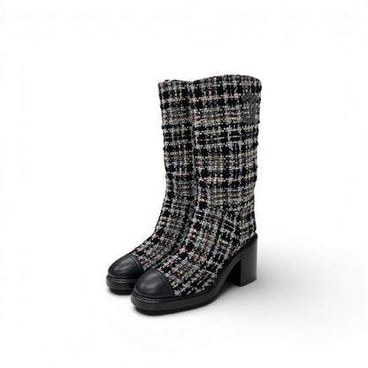 Chanel Boots Long Shoes Tweed Leather Black Multicolor CC Logo