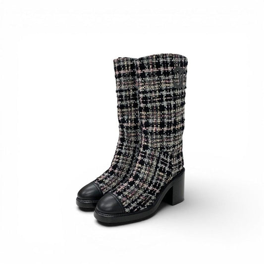 Chanel Boots Long Shoes Tweed Leather Black Multicolor CC Logo