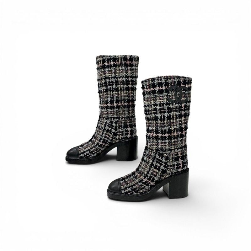Chanel Boots Long Shoes Tweed Leather Black Multicolor CC Logo — view 3
