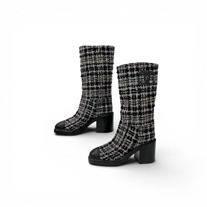 Chanel Boots Long Shoes Tweed Leather Black Multicolor CC Logo — view 3