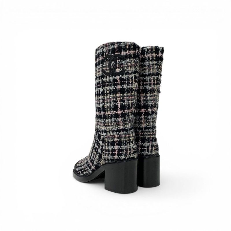 Chanel Boots Long Shoes Tweed Leather Black Multicolor CC Logo — view 4