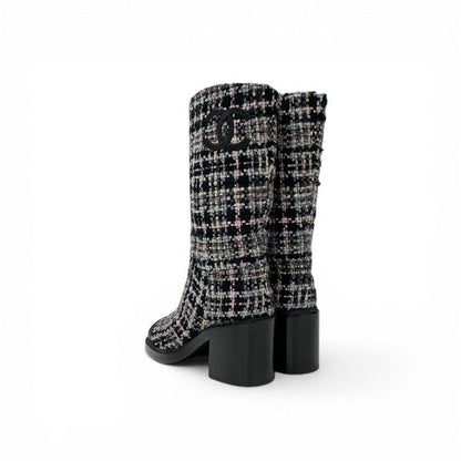 Chanel Boots Long Shoes Tweed Leather Black Multicolor CC Logo — view 4