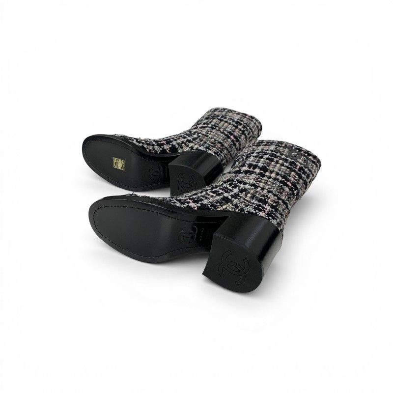 Chanel Boots Long Shoes Tweed Leather Black Multicolor CC Logo — view 6