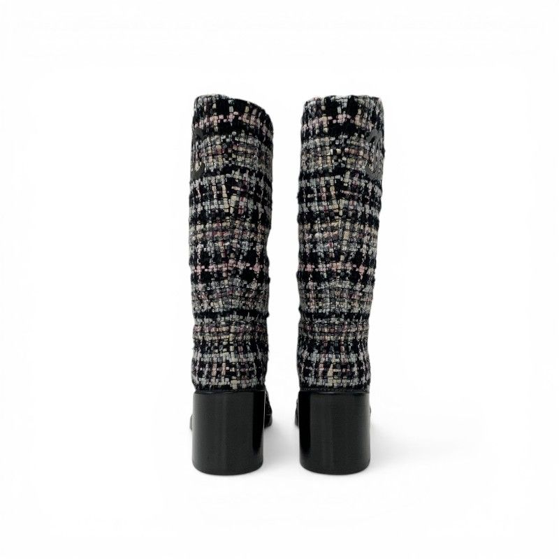 Chanel Boots Long Shoes Tweed Leather Black Multicolor CC Logo — view 5