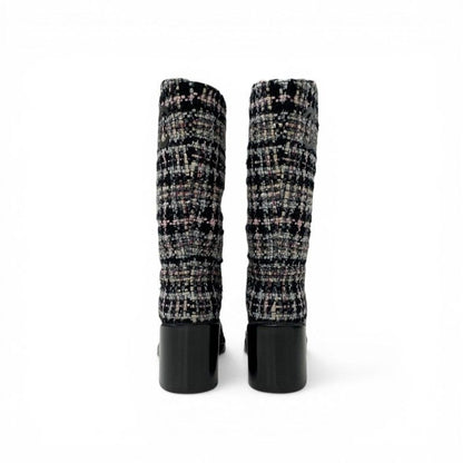 Chanel Boots Long Shoes Tweed Leather Black Multicolor CC Logo — view 5