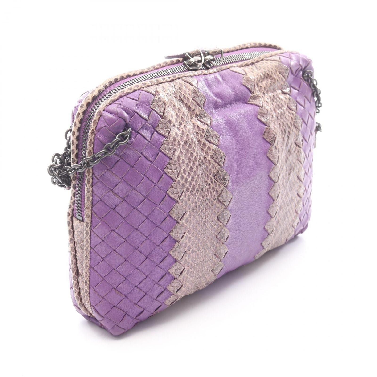 Bottega Veneta Shoulder Bag Intrecciato Purple Leather Exotic Cles the — view 2