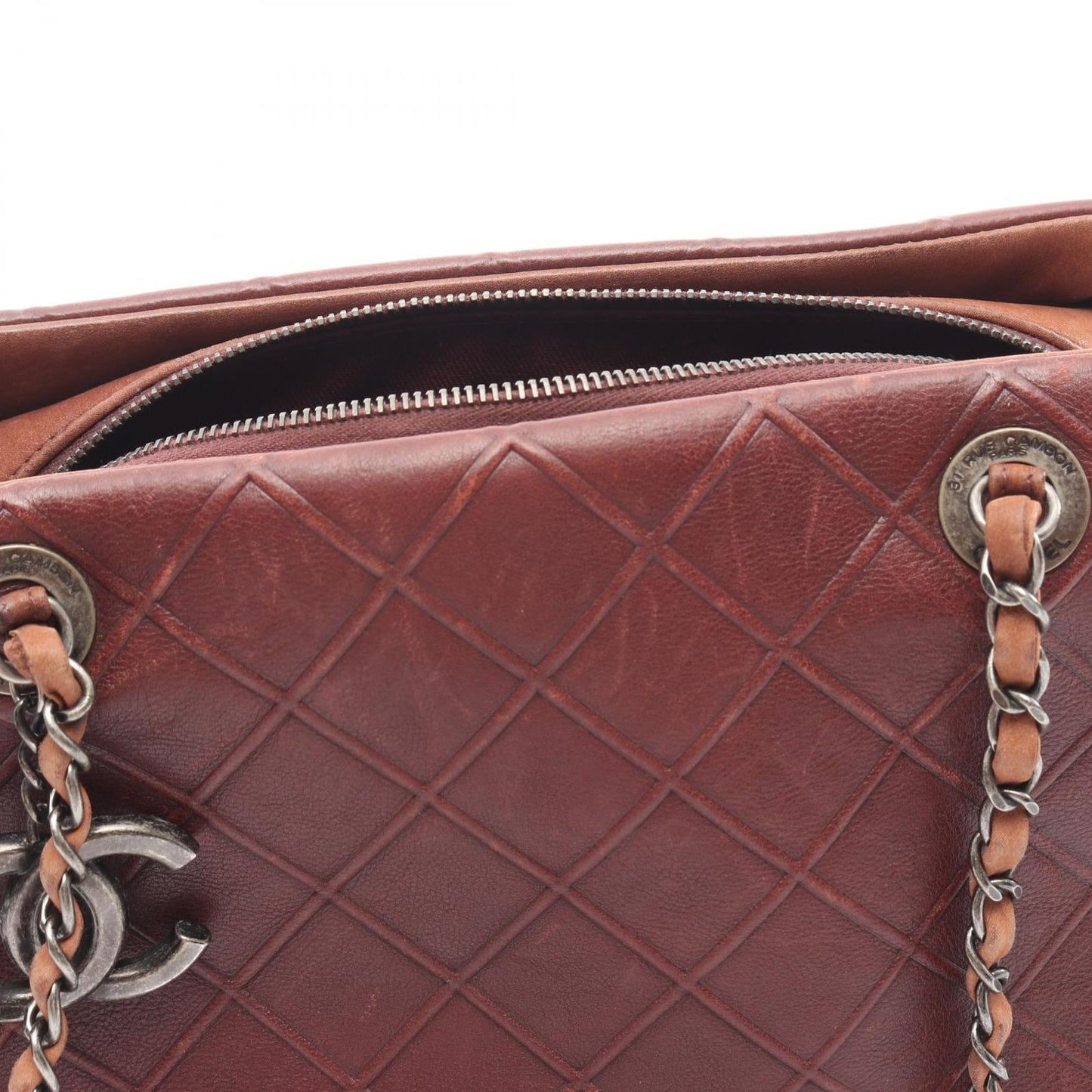 Chanel Shoulder Bag Quilted Embossed Antique Silver Brown Leather Chain — view 6