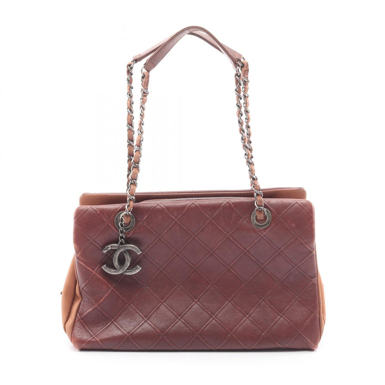 Chanel Shoulder Bag Quilted Embossed Antique Silver Brown Leather Chain