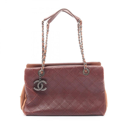 Chanel Shoulder Bag Quilted Embossed Antique Silver Brown Leather Chain