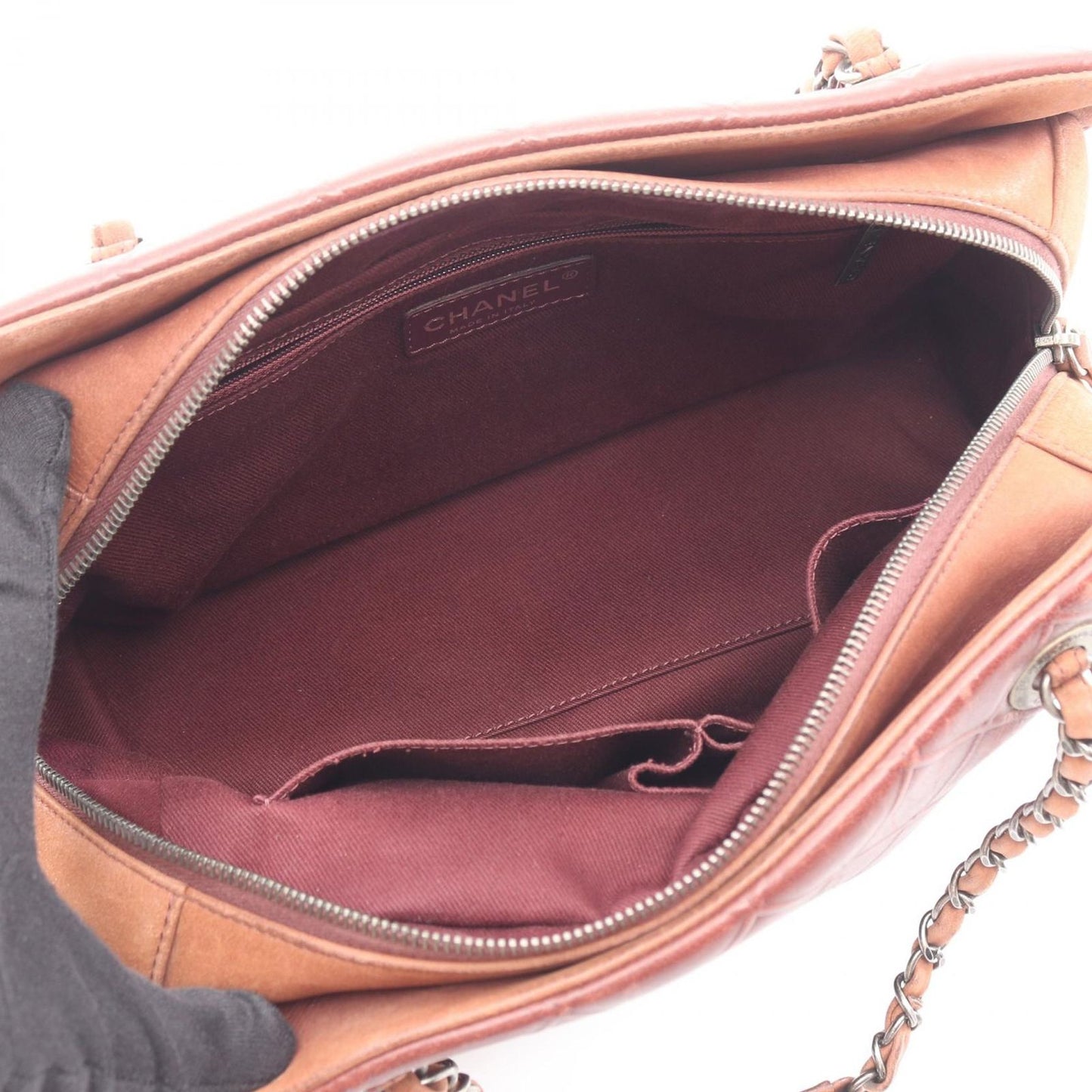 Chanel Shoulder Bag Quilted Embossed Antique Silver Brown Leather Chain — view 3