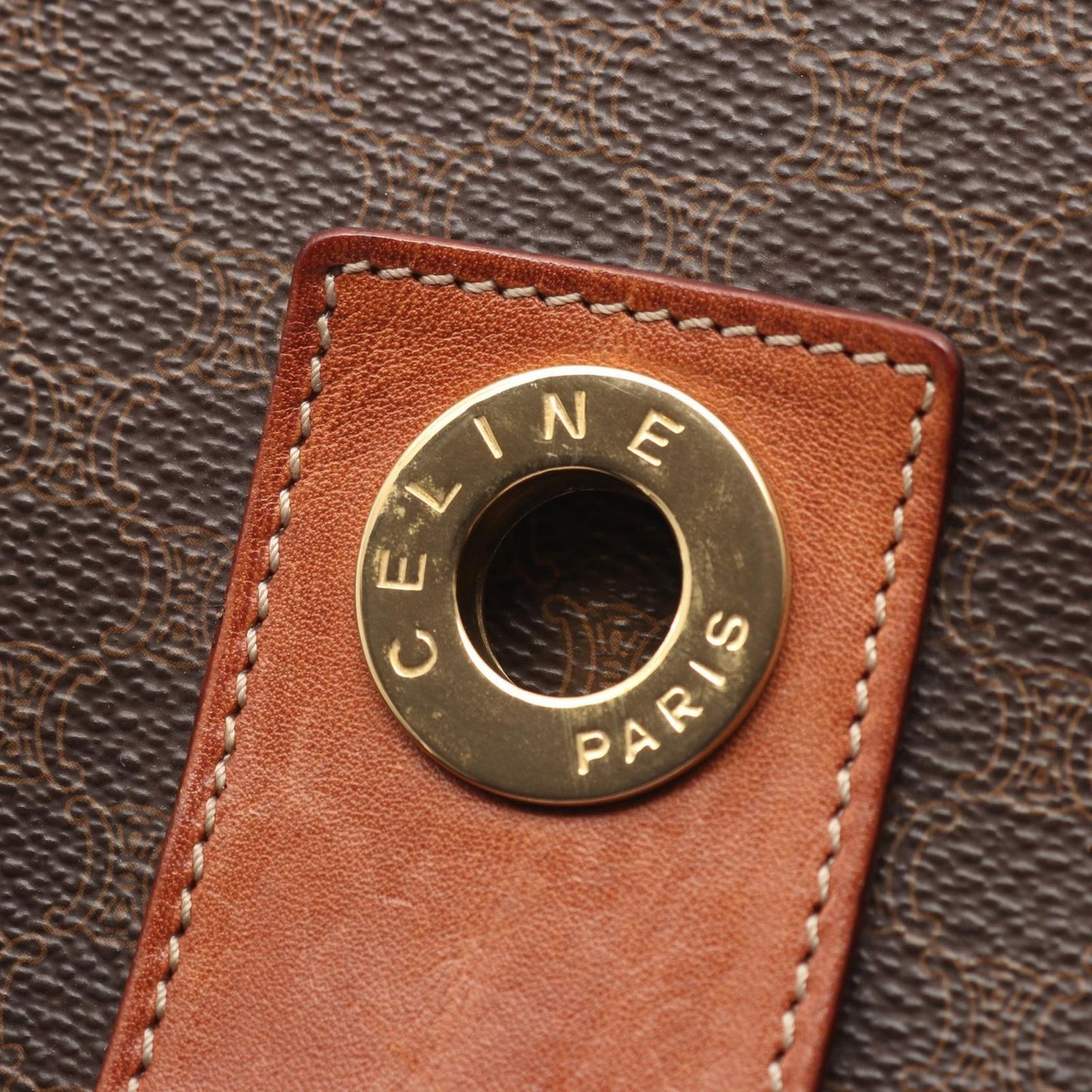 Celine Shoulder Bag Macadam Circle Logo Dark Brown Canvas Leather — view 6