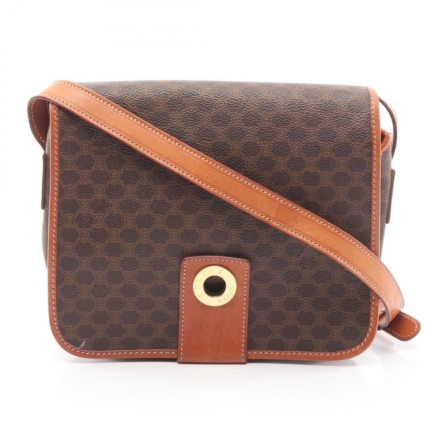 Celine Shoulder Bag Macadam Circle Logo Dark Brown Canvas Leather