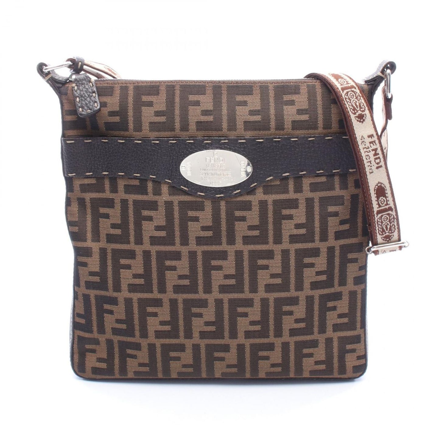 Fendi Shoulder Bag Selleria Zucca Brown Canvas Leather