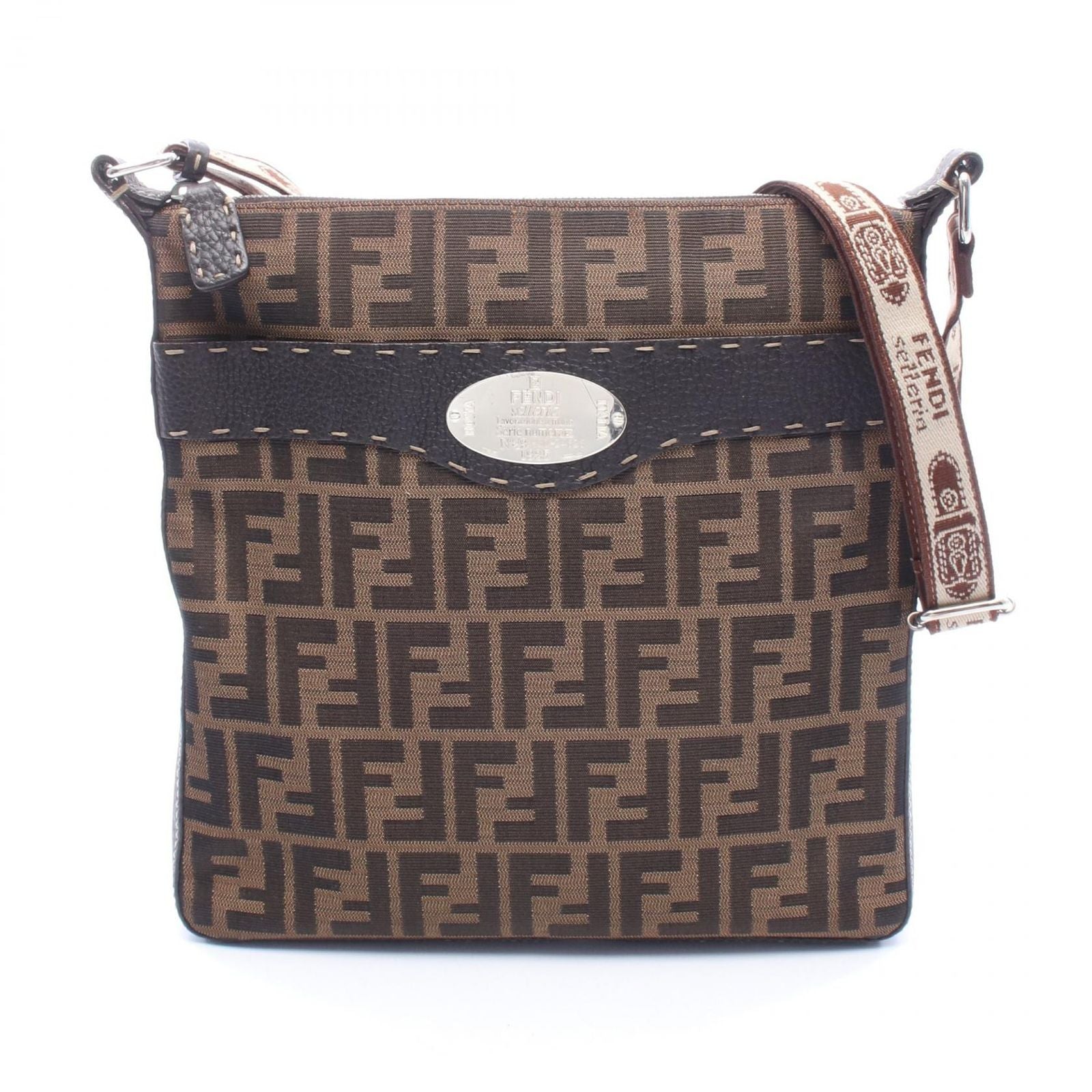 Fendi Shoulder Bag Selleria Zucca Brown Canvas Leather