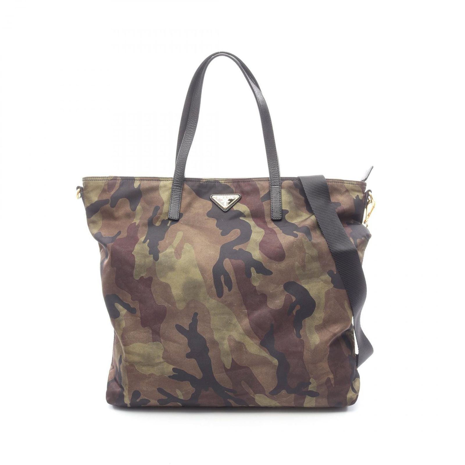 Prada Tote Camouflage 2-Way Khaki Nylon Saffiano Leather Triangle Logo