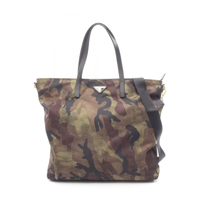 Prada Tote Camouflage 2-Way Khaki Nylon Saffiano Leather Triangle Logo