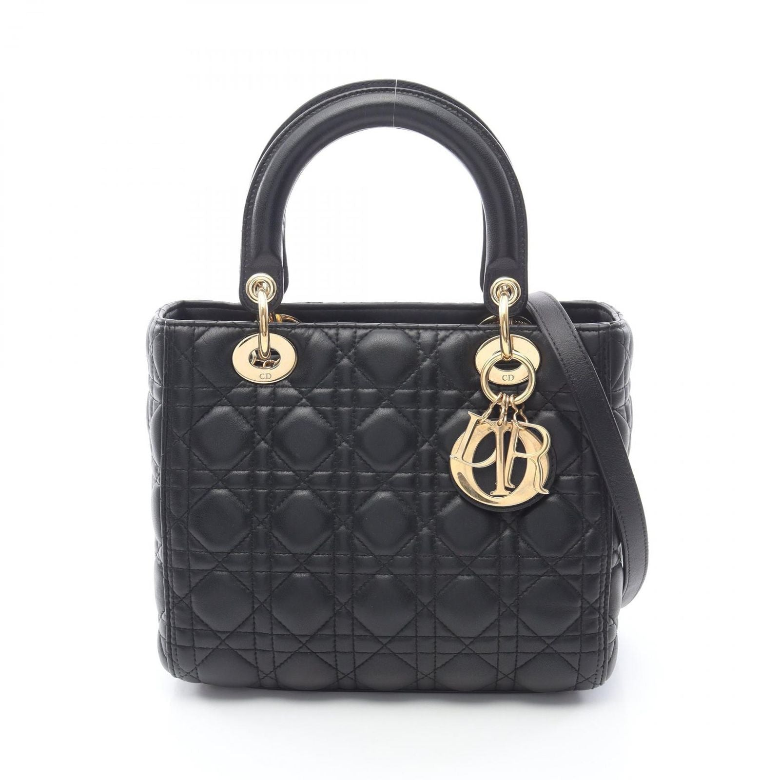 Dior Handbag Lady Dior 2-Way Black Leather Cannage Tote