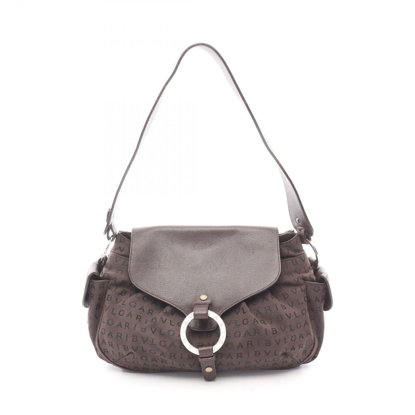 Bvlgari Shoulder Bag Logo Mania Dark Brown Black Canvas Leather