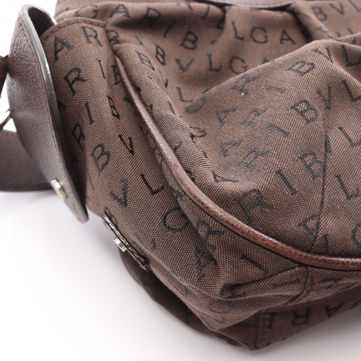 Bvlgari Shoulder Bag Logo Mania Dark Brown Black Canvas Leather — view 7