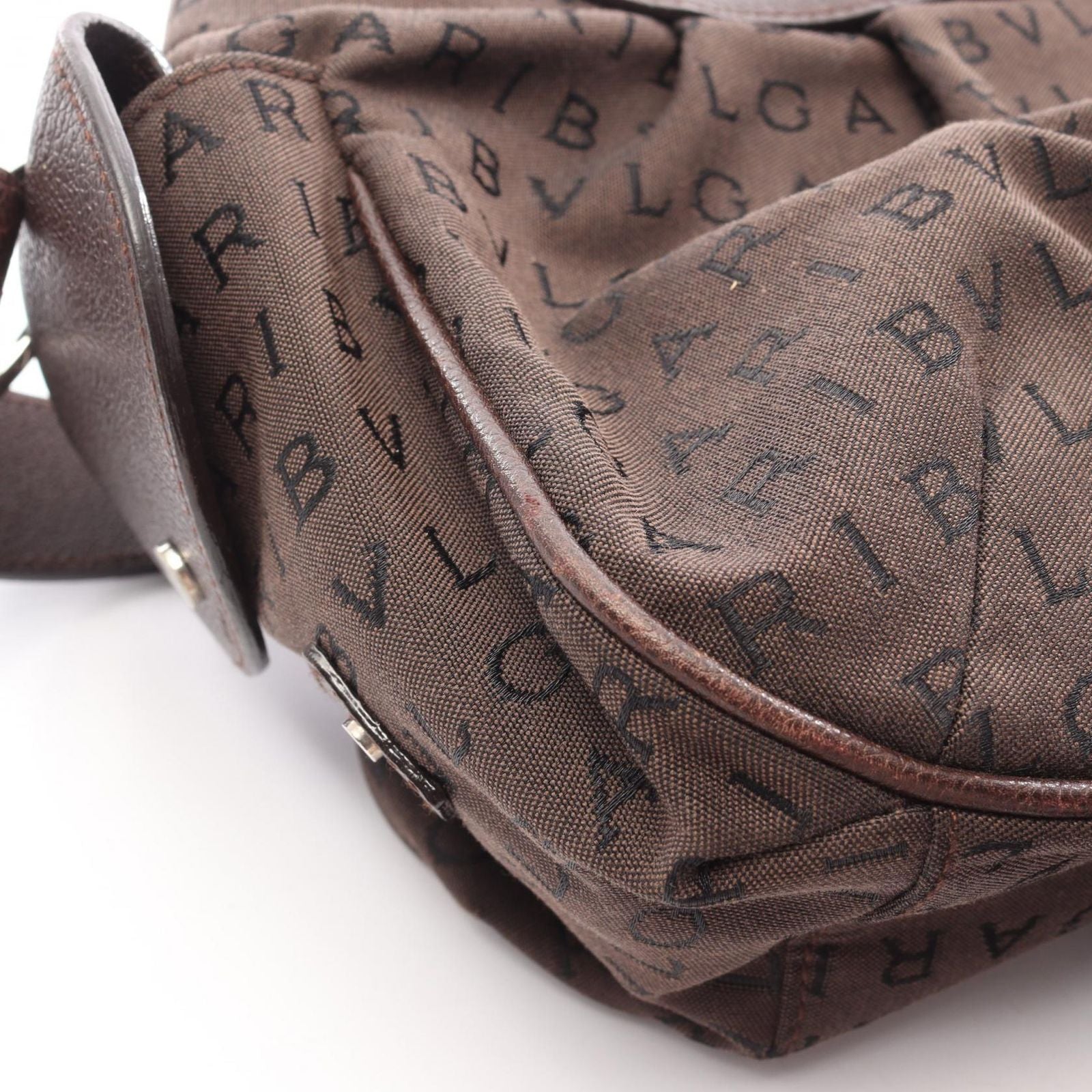 Bvlgari Shoulder Bag Logo Mania Dark Brown Black Canvas Leather — view 7