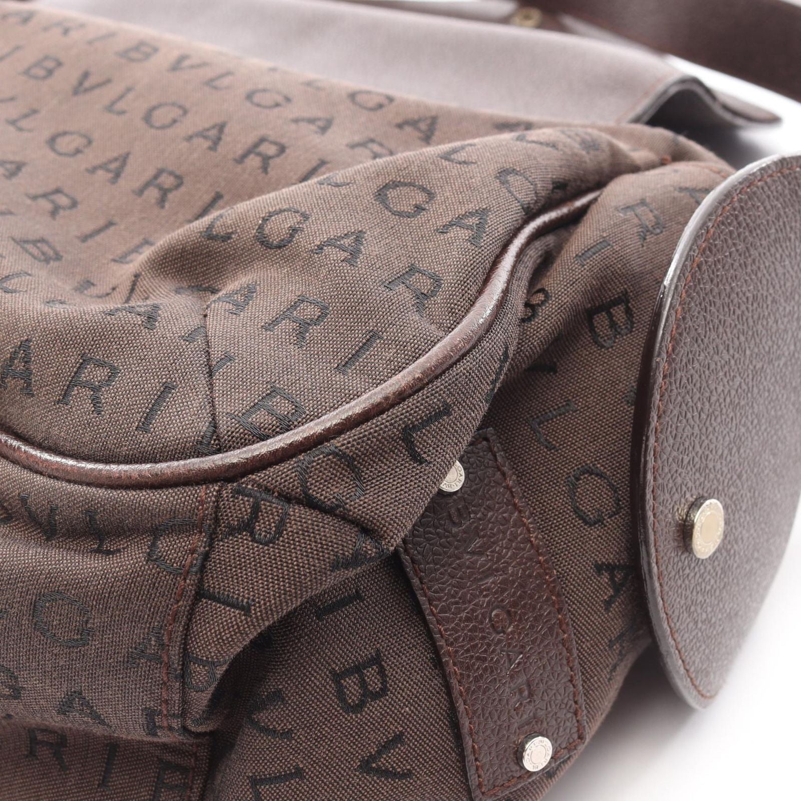 Bvlgari Shoulder Bag Logo Mania Dark Brown Black Canvas Leather — view 8