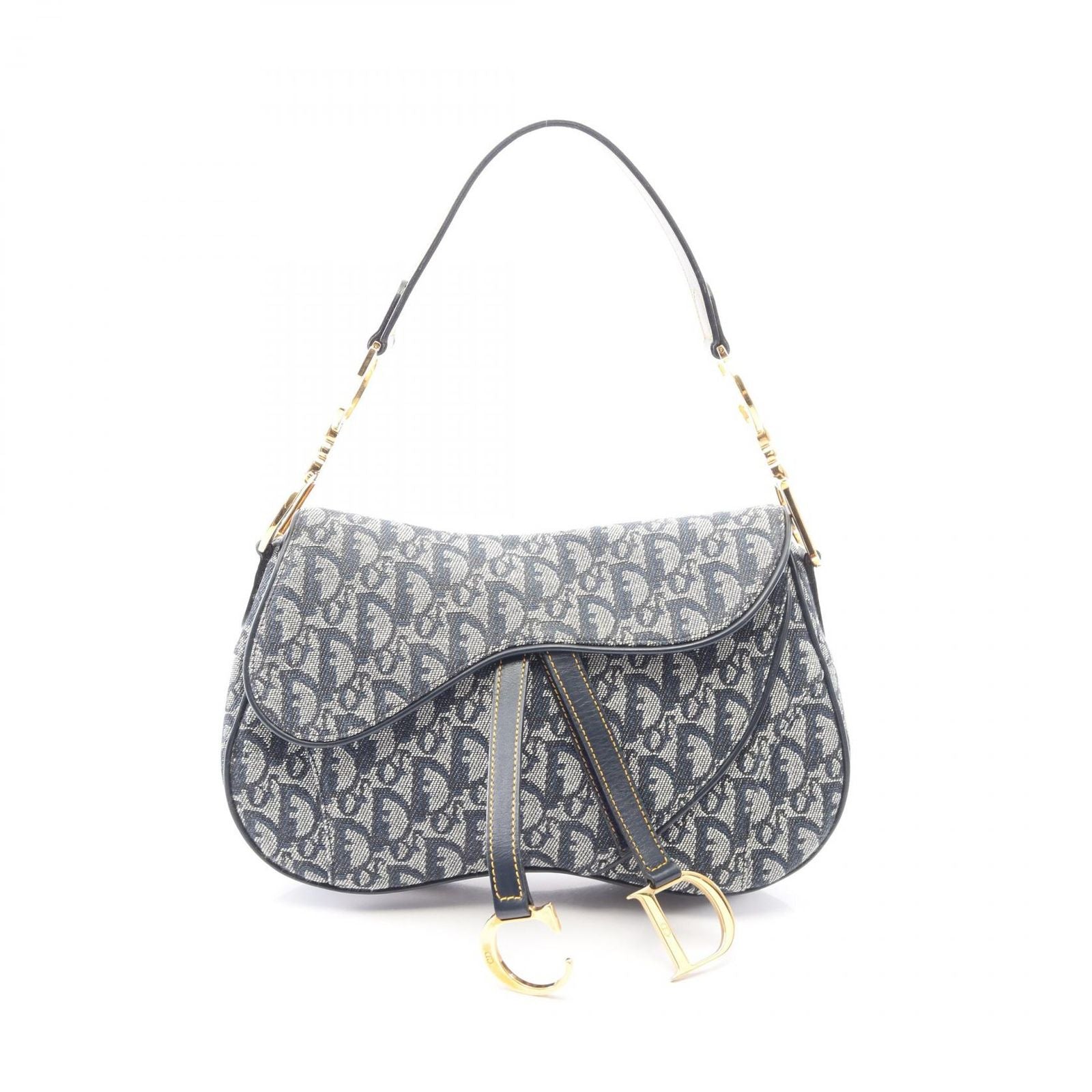 Dior Double Saddle Bag Trotter Beige Navy Canvas Leather Oblique