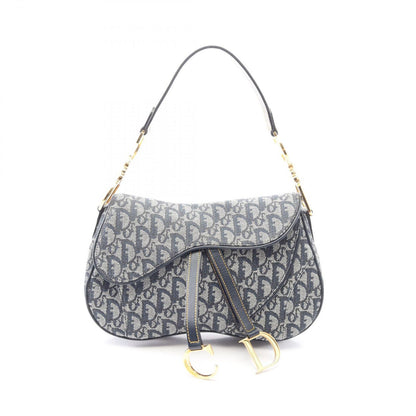 Dior Double Saddle Bag Trotter Beige Navy Canvas Leather Oblique