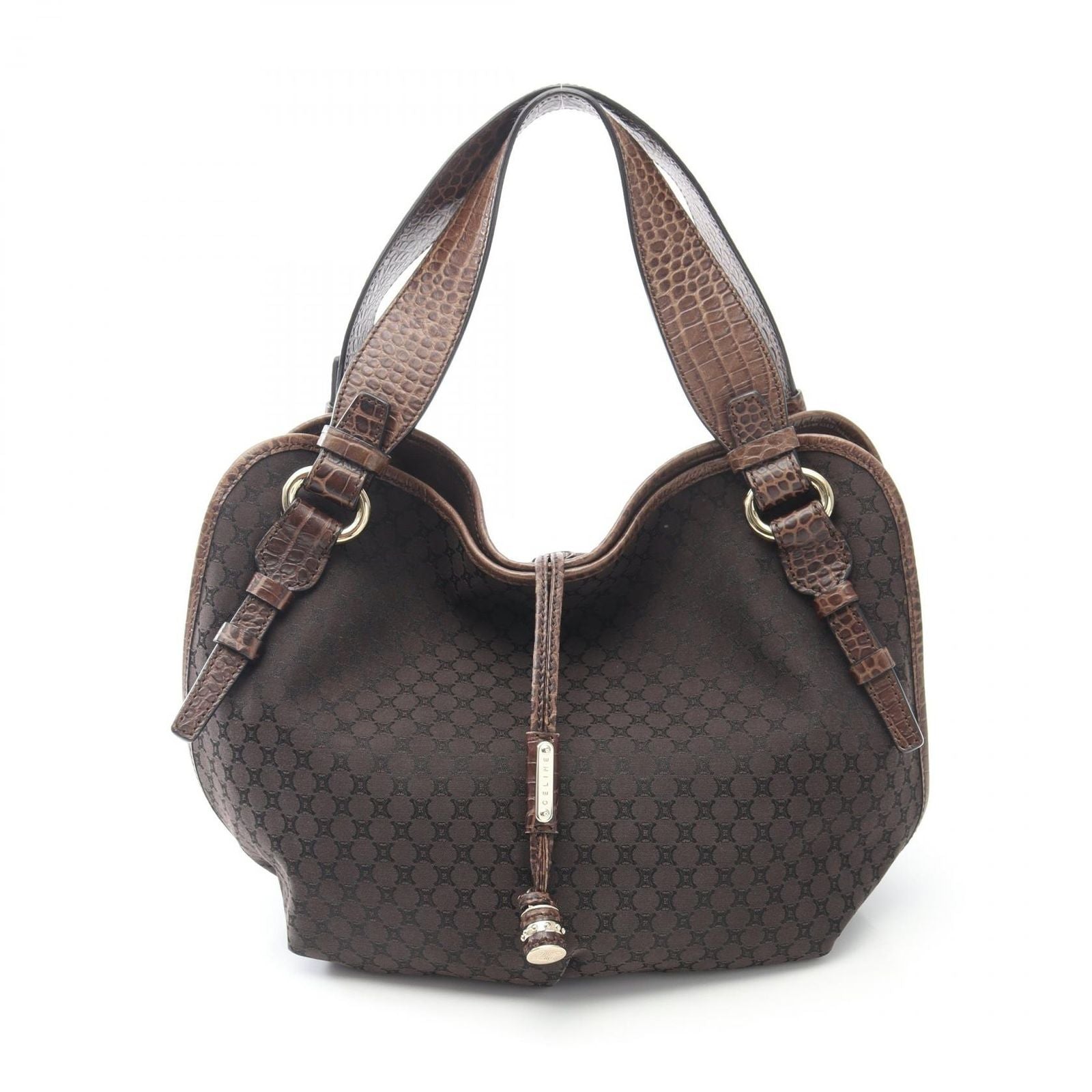 Celine Handbag Bittersweet Macadam Croco Embossed Dark Brown Canvas Leather