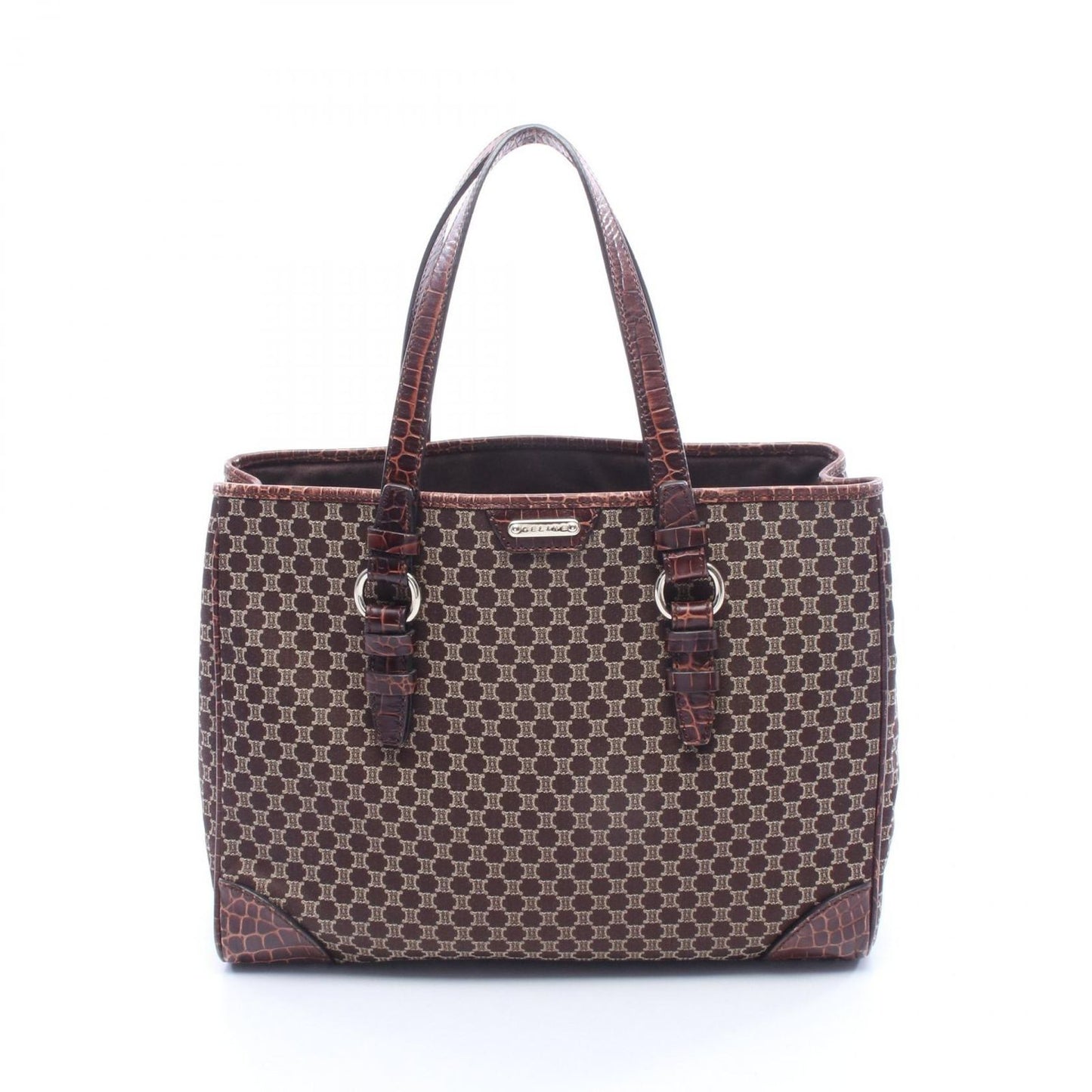 Celine Tote Macadam Croco Embossed Dark Brown Beige Canvas Leather