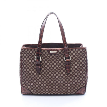 Celine Tote Macadam Croco Embossed Dark Brown Beige Canvas Leather