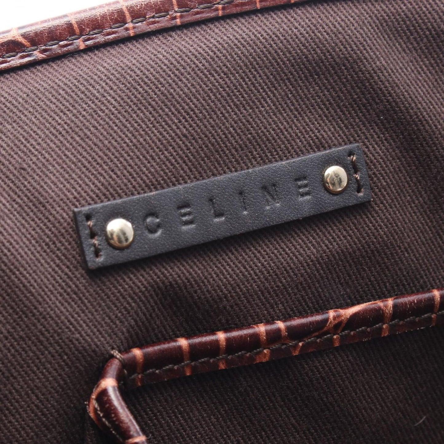 Celine Tote Macadam Croco Embossed Dark Brown Beige Canvas Leather — view 4
