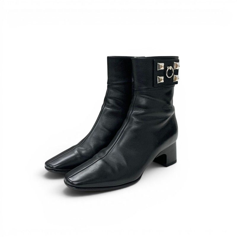 Hermes Boots Short Shoes Leather Black Silver Collier Chien Studs