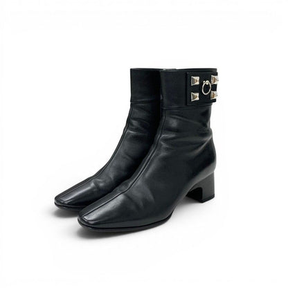 Hermes Boots Short Shoes Leather Black Silver Collier Chien Studs
