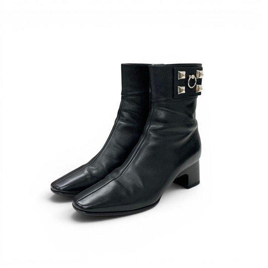 Hermes Boots Short Shoes Leather Black Silver Collier Chien Studs