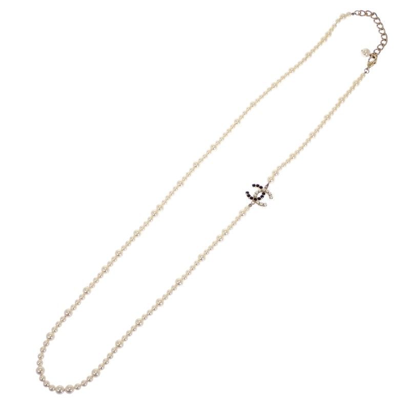 Chanel CC Pearl Long Necklace Metal Faux White Black Gold Pendant CC Logo — view 4