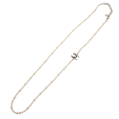 Chanel CC Pearl Long Necklace Metal Faux White Black Gold Pendant CC Logo — view 4