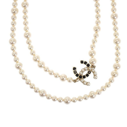 Chanel CC Pearl Long Necklace Metal Faux White Black Gold Pendant CC Logo — view 3