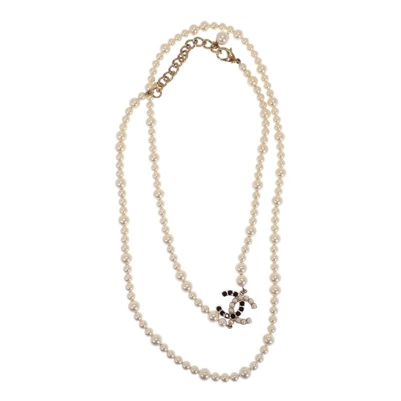 Chanel CC Pearl Long Necklace Metal Faux White Black Gold Pendant CC Logo — view 2