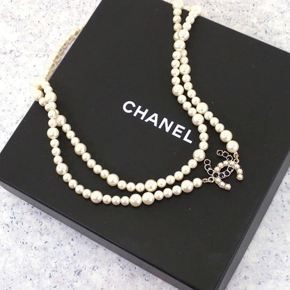 Chanel CC Pearl Long Necklace Metal Faux White Black Gold Pendant CC Logo