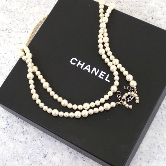 Chanel CC Pearl Long Necklace Metal Faux White Black Gold Pendant CC Logo