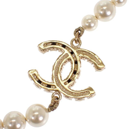 Chanel CC Pearl Long Necklace Metal Faux White Black Gold Pendant CC Logo — view 6